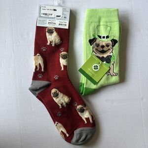 2 Women's One Size Most Pug Socks Happy Tails & St. Patrick Design Red‎ Green